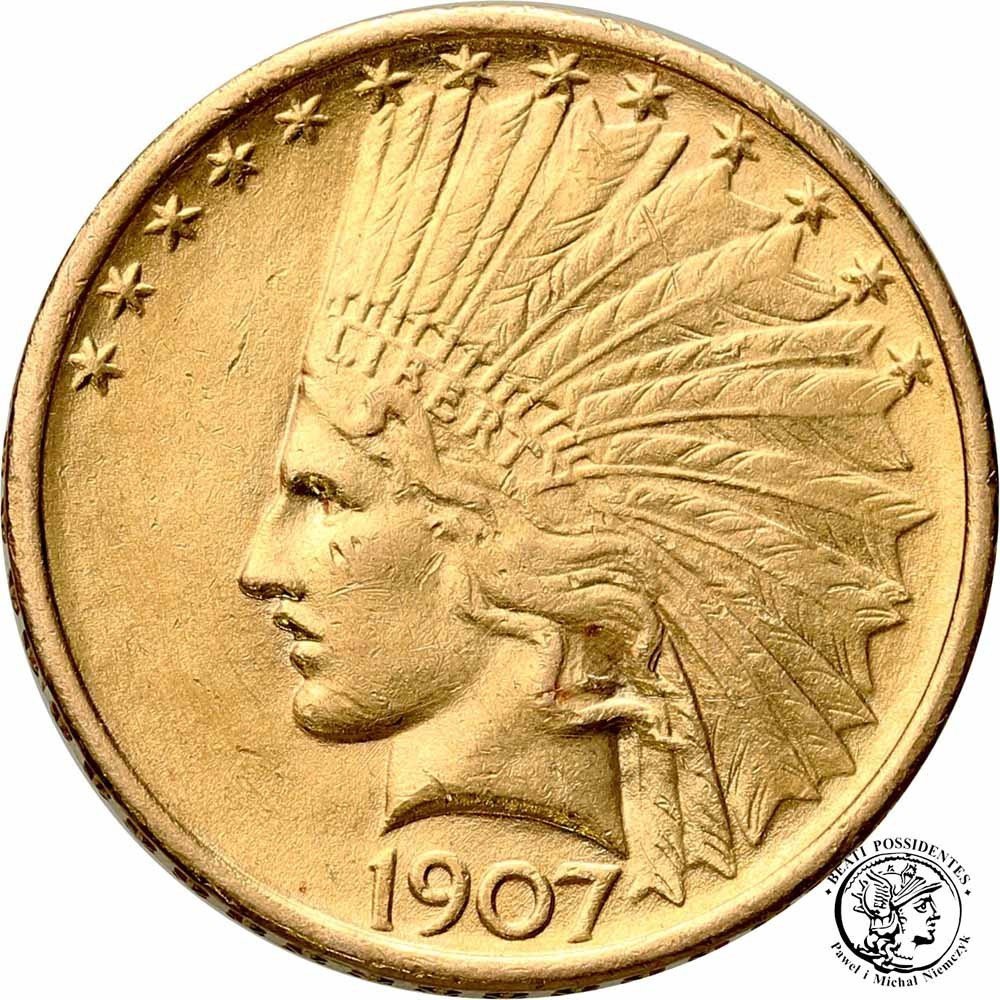 USA 10 dolarów Indianin 1907 NO MOTTO pierwszy rocznik bicia st.2